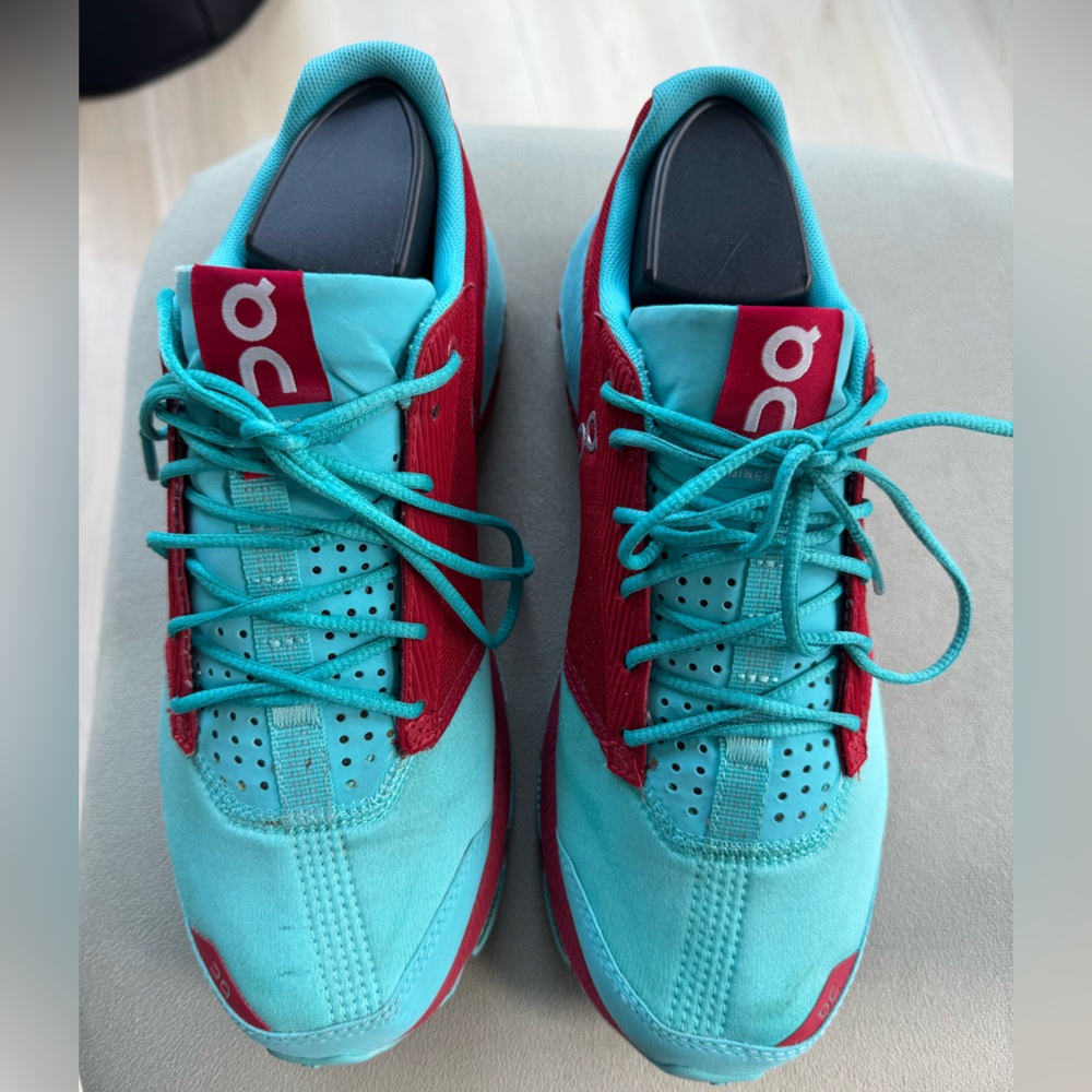 On Running Aqua and Crimson Sneakers